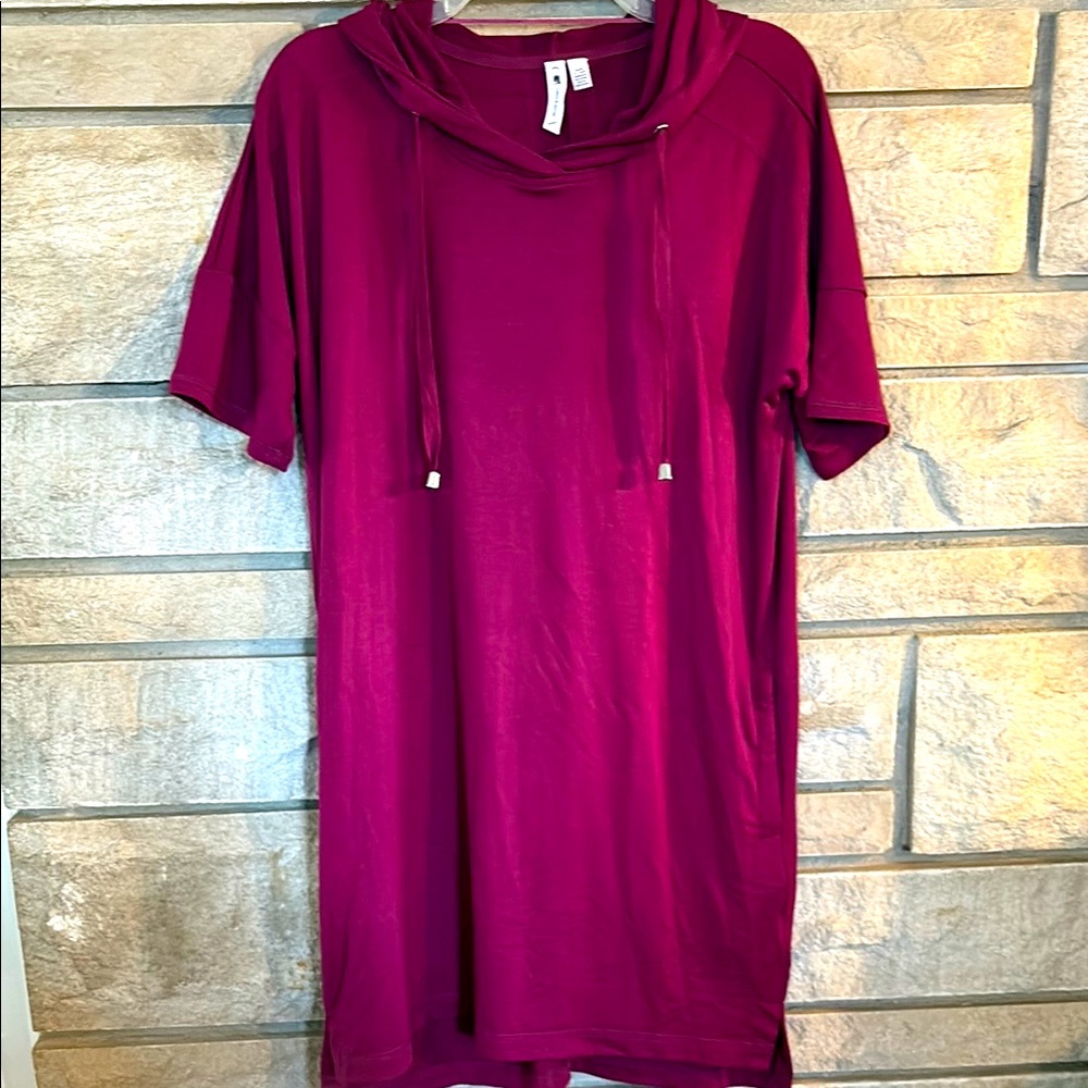 Burgundy Hooded short sleeve T-Shirt Dress